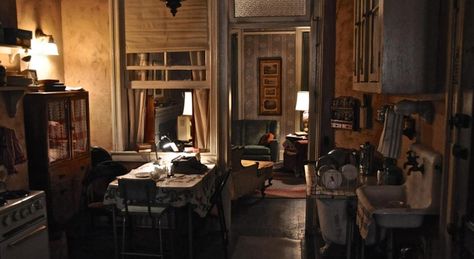 <b>Ginsberg apartment</b> (1966, inspired by Lower East Side tenements): "Those pass-through windows—the one between the kitchen and the parlor—came about because there were fire laws and city codes that declared you must be able to get air into those interior rooms, so people installed them later." —Dan Bishop Mad Men Interior Design, Concert Stage Design, India Home Decor, Architecture Portfolio Design, Apartment Door, Girl Bedroom Designs, Lower East Side, Last Days, Sims 4 Houses