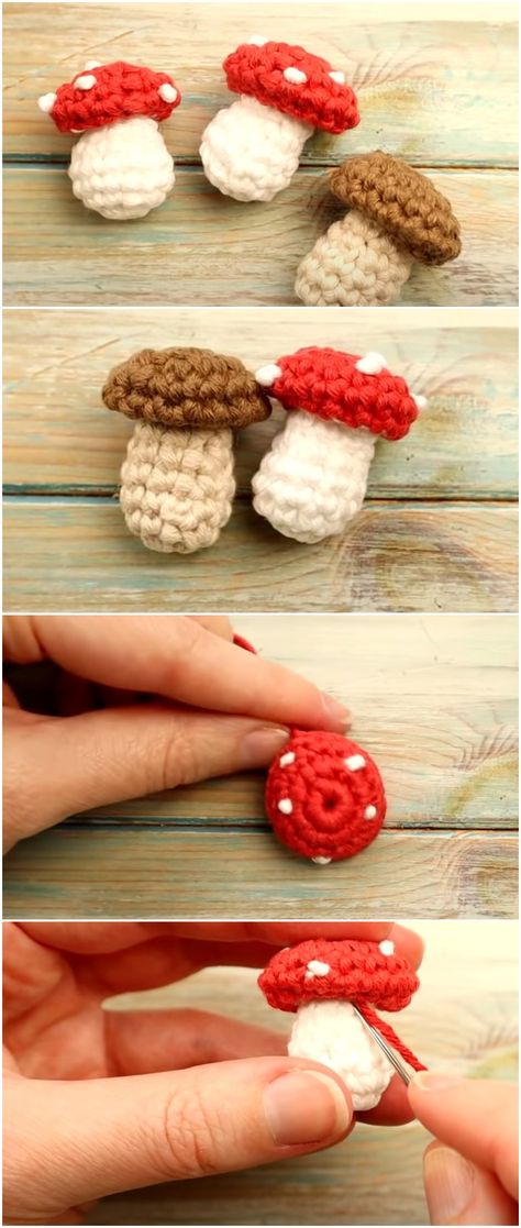 Mushroom Patterns, Crochet Tiny, Tiny Mushroom, Crochet Mushroom, Crochet Keychain Pattern, Cozy Crochet, Valentines Crochet, Crochet Food, Quick Crochet