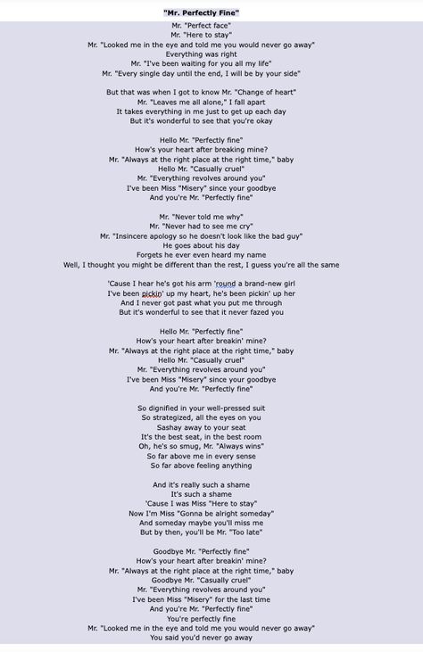 Mr Perfectly Fine, Swift Lyrics, Change Of Heart, Taylor Swift Lyrics, All Alone, Singles Day, By Your Side, Waiting For You, Getting To Know