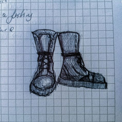 Combat boots, punk rock, drawing How To Draw Combat Boots, Combat Boot Drawing, Combat Boots Drawing Reference, Boot Drawing Reference, Combat Boots Drawing, Boots Drawing Reference, Fencing Logo, Boots Sketch, Notebook Drawings