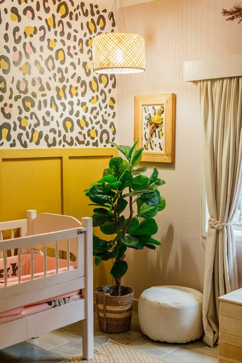 Cheetah And Pink Bedroom, Leopard Nursery Ideas, Pink Cheetah Room Ideas, Leopard Print Nursery, Pink Leopard Nursery, Leopard Nursery, Leopard Room, Retro Kids Room, Botanical Bedroom