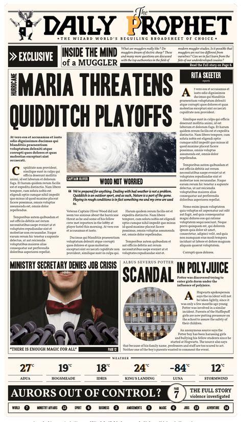 A screenshot of the Daily Prophet, a phantasy, multi-column layout website built with CSS Grid Daily Prophet Template, The Daily Prophet, Rita Skeeter, Daily Prophet, Css Grid, Oliver Wood, Swipe File, Grid Layouts, Building A Website