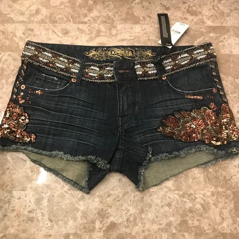 Brand New - Never Worn Bedazzled Jean Shorts, Y2k Style Bottoms With Built-in Shorts, 2000s Outfits Aesthetic, Bejeweled Jeans Y2k, Y2k Jean Shorts With Built-in Shorts For Summer, Y2k Denim Jean Shorts With Built-in Liner, Y2k Denim Jean Shorts With Built-in Shorts, Bedazzled Jeans, Shorts Y2k