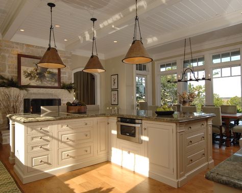 L Shaped Island, Traditional Kitchen Remodel, Traditional Kitchen Design, L Shaped Kitchen, Kitchen Fireplace, Kitchen Island Design, Kitchen Pictures, Floor To Ceiling Windows, Kitchen Redo