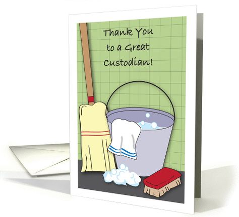 Thank You, to Custodian, bucket of suds, broom card by Gail Pepin #anycardimaginable National Custodian Day Gift Ideas, School Janitor Appreciation Gifts, Gift Ideas For Custodians, Janitor Thank You Cards, Gifts For Custodians, Janitor Appreciation, Cards Teacher, Bulletin Ideas, Homemade Diy