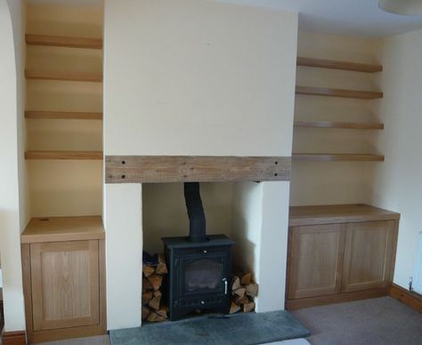 Fireplace And Shelves, Upstairs Ideas, Alcove Ideas, Alcove Shelves, Alcove Cupboards, Alcove Shelving, Fire Surrounds, Sunset House, Wall Alcove