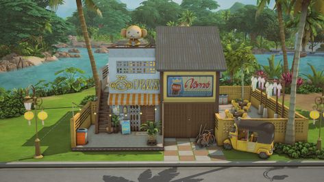 Lot Info: Sims 4 Teen Hangout Lots, Old Apartment Building, Ts4 Builds, Teen Hangout, Cute Pizza, Bubble Tea Shop, Sims Builds, Old Apartments, Tea Store