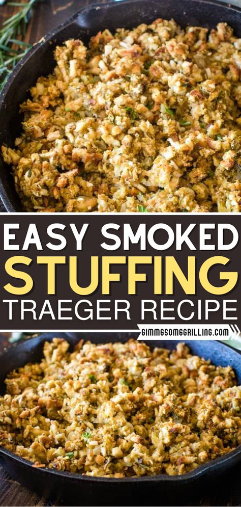 This favorite Traeger Recipe is so simple! Using the electric pellet grill, this Smoked Stuffing cooks evenly, and you end up with so much flavor and a little bit of extra crust. You will never make this quick and easy Christmas side dish another way for family dinners! Smoked Stuffing, Masterbuilt Smoker, Turkey Stuffing Recipes, Smoked Turkey Recipes, Grilled Food, Traeger Recipes, Easy Holiday Recipes, Turkey Recipes Thanksgiving, Side Dish Recipes Easy