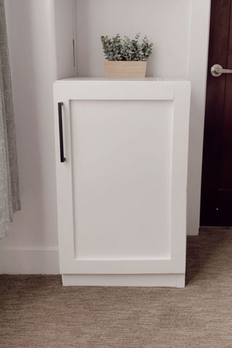 DIY Mini Fridge cabinet Mini Fridge Furniture, Mini Fridge In Bathroom, Small Frigerator Cabinet, Mini Fridge Bedside Table, Mini Fridge Cabinet Bedroom, Mini Fridge Hidden In Cabinet, Mini Refrigerator Ideas, Salon Suite Mini Fridge, Mini Fridge In Playroom