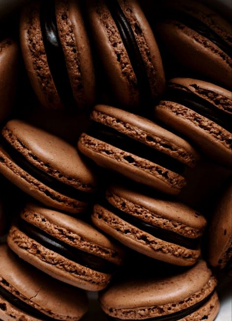 Chocolate Macarons, Dark Chocolate Ganache, Chocolate Ganache, Macaroons, Dark Academia, Macarons, Dark Chocolate, Shells, Coffee