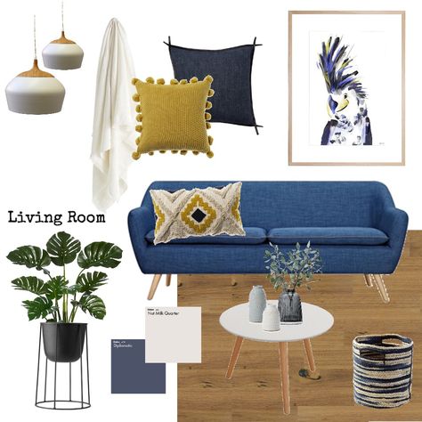 Blue Sofa Mood Board, Mid Century Modern Living Room Blue, Navy Sofa Living Room Colour Schemes, Blue Sofa Living Room Colour Schemes, Blue Couch Living Room Colour Schemes, Light Blue Couch Living Room, Blue Couch Living Room Ideas, Living Azul, Navy Sofa Living Room