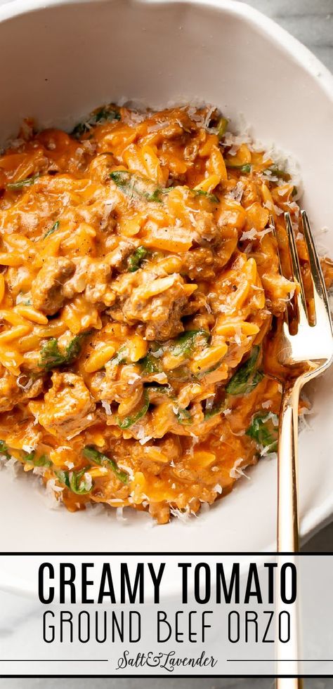 a bowl of orzo with a fork and text overlay that reads creamy tomato ground beef orzo Ground Beef And Orzo, Beef And Orzo, Beef Orzo, Resep Pasta, Recipes With Ground Beef, Orzo Recipes, Avocado Dip, One Pot Dinners, Health Dinner