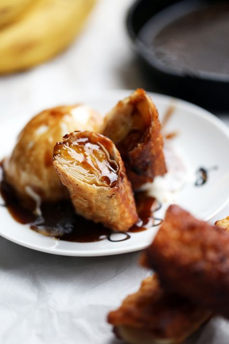 O N E armed M A M A : BANANAS FOSTER EGG ROLLS WITH RUM SAUCE Rum Caramel Sauce, Rum Sauce Recipe, Banana Spring Rolls, Rum Caramel, Egg Roll Filling, Ripe Banana Recipe, Rum Sauce, Chicken Spring Rolls, Prevent Food Waste