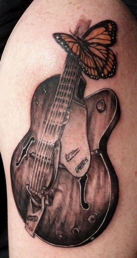 Color, Guitar with a Butterfly Tattoo Guitar Butterfly Tattoo, A Butterfly Tattoo, Guitar Tattoo, Guitar Lovers, Tattoo Aftercare, Music Tattoo, Music Tattoos, Grey Tattoo, Guitar Body