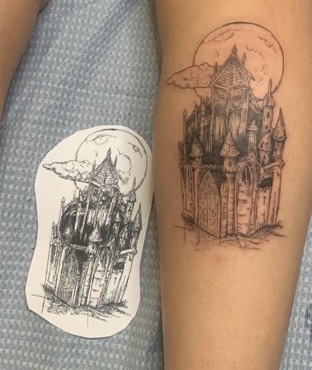 Lil Peep Castles, Castles Tattoo, Tattoo Castle, Side Thigh Tattoos, Emo Tattoos, Castle Tattoo, Traditional Tattoo Designs, Lyric Tattoos, Wicked Tattoos