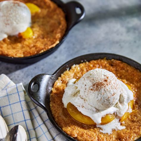 Skillet Peach Cobbler Recipe - Magnolia Magnolia Peach Cobbler, Skillet Peach Cobbler, Brownie Pie Recipe, Magnolia Table Recipes, Joanna Gaines Recipes, Magnolia Network, Dessert Pie, Cinnamon Coffee Cake, Magnolia Table