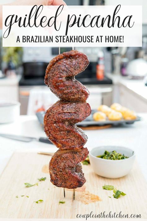 Brazilian Steak Recipe, Brazilian Bbq Party, Beef Picanha Recipe, Spit Cooking Meat, Brazilian Steak Seasoning, Brazilian Steak Marinade, Brazilian Beef Recipes, Brazilian Meat Recipes, Picanha Steak Recipe Grill