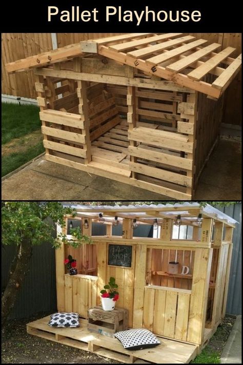 Casa In Pallet, Pallet Playhouse, Build A Playhouse, Pallet House, Reclaimed Pallets, Pallet Decor, Pallet Crafts, Backyard Playground, Kids Playhouse