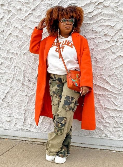 Camo And Orange Outfit, Army Fatigue Outfits For Women, Camo Fits, Orange Outfits, Weekend Fashion, Winter Sweater Outfits, Camo Outfits, Curvy Fashionista, Orange Outfit