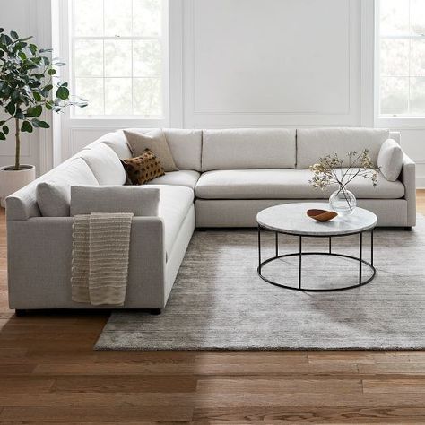 West Elm Marin Sectional, Modern Couch West Elm, Affordable L Shaped Couch, Neutral Living Room Gray Floor, Medium Sectional Sofa, Frost Gray Couch, Modern Living Room Ideas 2023, Sofa Seating In Living Room, L Shape Sectional Living Room