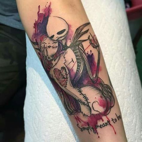 Jack skellington and sally Sally And Jack Tattoo, Jack And Sally Tattoo, Cosmetology Tattoos, Sally Tattoo, Lego Tattoo, Tim Burton Nightmare Before Christmas, Jack Tattoo, Hope Tattoo, Body Tattoo Design