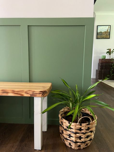 Porters paint, green home trending revamp. Indoor plant & wooden slap bench seat Porters Paints Bayleaf, Green Board And Batten Wall, Green Board And Batten, Porters Paints, Modern Traditional Style, Porter Paint, Batten Wall, Green Board, Board And Batten Wall