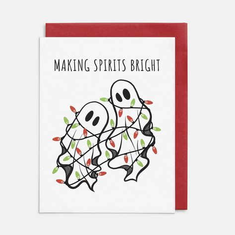 Bring some festive laughs with this Making Spirits Bright Christmas Card! With two playful ghosts all wrapped up in Christmas lights. Great card for anyone still in the spooky spirit.  The card is blank inside A2 Card Size (4.25" x 5.5") Printed on premium thick matte archival grade paper with aqueous-based inks Cute Holiday Cards Diy, Christmas Ghost Art, Singing Birthday Cards, Christmas Sketch, Spooky Christmas, Christmas Card Ideas, Christmas Ghost, Fun Christmas Cards, Creepy Christmas