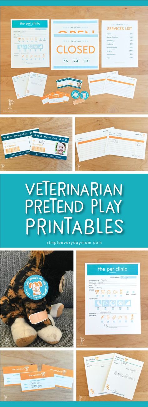 printable vet clinic pretend play | Toddlers, preschoolers and kindergarteners will love these dramatic play printables! Print them out for home, school or wherever and let their imagination run wild! Play Vet Clinic, Pet Care Printables, Pretend Play Printables, Farm Play, Play Printables, Dramatic Play Printables, Dramatic Play Preschool, Kids Help, Doctor Costume