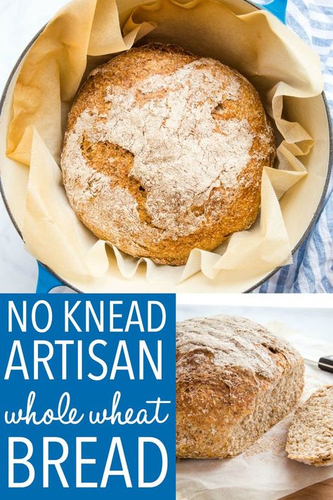 This No Knead Whole Wheat Artisan Bread is the perfect easy whole wheat bread recipe! No overnight rising, no kneading - it's the perfect hearty, crusty loaf! Recipe from thebusybaker.ca! #wholewheat #bread #homemade #homemadebread #wholegrain #dutchoven #howtomakebread #howtomakehomemadebread #healthybread #health Whole Wheat Artisan Bread, No Knead Whole Wheat Bread, Easy Whole Wheat Bread, Whole Wheat Bread Recipe, Wheat Bread Recipe, Dutch Oven Bread, Bread Homemade, Artisan Bread Recipes, Rustic Bread