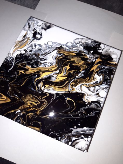 Paint pour using black gold and white. Fluid Art Painting Ideas, Black And White Paint Pour, Gold Art Painting, Pour Paint, New Year Art, Pour Art, Multipurpose Cleaner, Acrylic Painting Lessons, Fluid Acrylic Painting