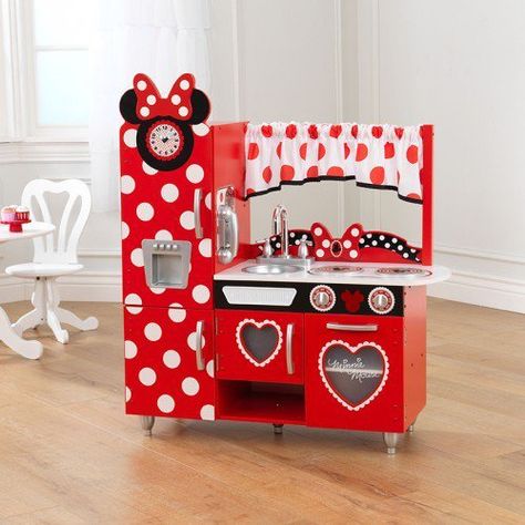 Experience the magical world of Disney Junior’s Minnie Mouse Vintage Kitchen Set. Adorably decorated to suit Minnie Mouse herself, cook an imaginative feast of food and fun! Includes a charming Minnie Mouse clock and entertaining interactive knobs that turn and click. Mickey Kitchen Decor, Mickey Mouse Bedroom Decor, Kidkraft Kitchen, Minnie Mouse Bedroom, Minnie Mouse Kitchen, Mickey Mouse Bedroom, Kitchen Play Set, Mickey Kitchen, Mickey Mouse Kitchen