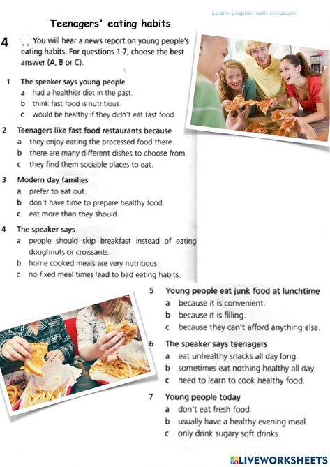 Healthy - unhealthy food online worksheet for Intermediate. You can do the exercises online or download the worksheet as pdf. Esl Worksheets Intermediate, Eating Habits Worksheet, Healthy Habits Worksheet, Healthy And Unhealthy Food Worksheet, Listening Skills Worksheets, Habits Worksheet, Food Worksheet, English Pictures, English Classroom Decor