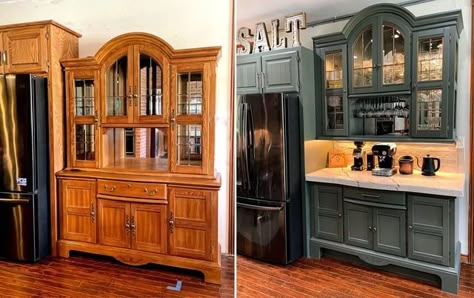 Turning China Cabinet Into Kitchen Cabinets, Kitchen Cabinets Out Of Old Hutches, Recycle Kitchen Cabinets, Kitchen Cabinets Made From Old Dressers, Repurposed Furniture For Kitchen Cabinet, Two Piece China Cabinet Makeover, Hutch To Kitchen Cabinets, China Cabinet To Kitchen Cabinet, China Cabinet Repurposed Ideas