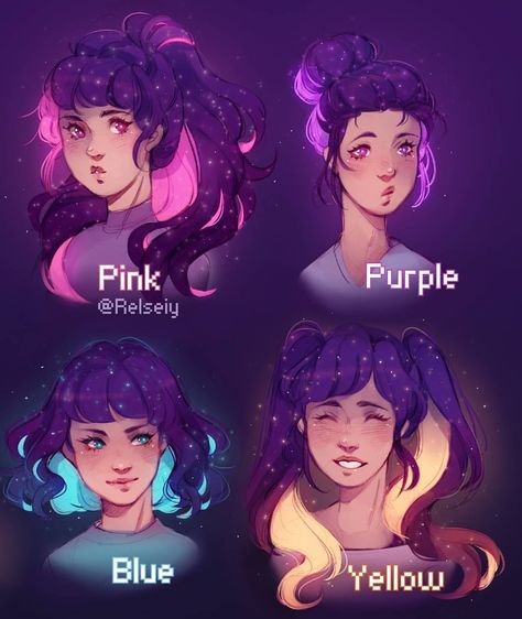 Which is your fav hair? colourful galaxy edition!! PINK - PURPLE - BLUE - YELLOW! Tried different hairstyles with my galaxy girl, experimenting with these and different colours is so much fun >u< kinda wish i did this before my galaxy girl illustration so that i can see all the different colours it could have been! Btw im at MEFCC next weekend so drop by my table at AA103!! #digitalart #galaxy #كلنا_رسامين #Relsfavhair Pelo Anime, Galaxy Hair, Types Of Hair, Design Hair, Drawing Style, Poses References, Arte Fantasy, How To Draw Hair, English Garden