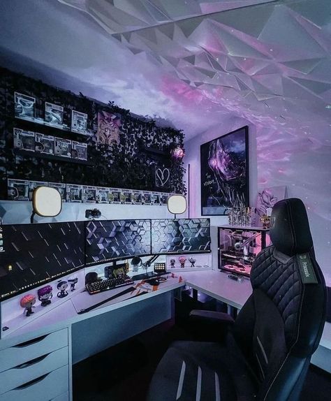 Anime Game Room, Aesthetic Gamer Room, Small Game Room Design, Anime Gaming Room, Gaming Setup Ideas, Games Room Inspiration, Gamer Bedroom, Small Game Rooms, Game Background Art