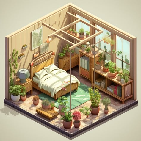 Cozy Isometric Room, Isometric Room Procreate, Isometric Greenhouse, Isometric Gaming Room, Isometric Room Art, Isometric 3d Room, Isometric Room Drawing, Isometric Art Room, Anime Room Illustration