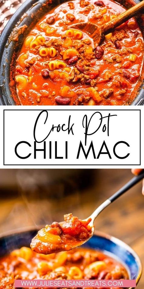 Cold winter nights got you down? Make this delicious Crock Pot Chili Mac! The chili is slow cooked all day long and then the pasta is added at the end to finish off the recipe. It's a great weeknight dinner night without much fuss that the entire family will enjoy. Crock Pot Chili Mac, Chili Mac Crockpot, Hamburger Dinners, Chilli Mac, Crock Pot Chili, Fried Turkey Recipes, Slow Cooker Chili Recipe, Beef Meals, Beef Goulash