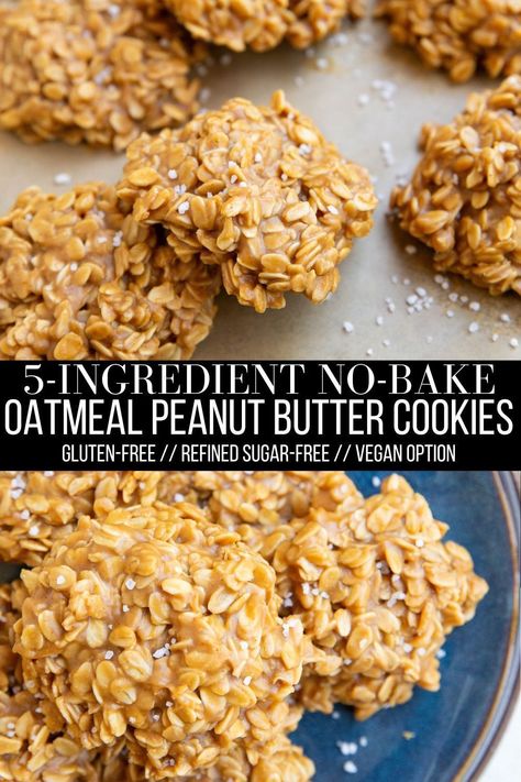 No-Bake Oatmeal Peanut Butter CookiesEasy no-bake cookies made with 5 simple ingredients for a wholesome treatRecipe includes options for customization so you can change it up to your personal preferencesVegan option availableglutenfree vegan nobake peanutbutter oatmeal Peanut Butter Honey Cookies, Healthy Peanut Butter Oatmeal Cookies, Chocolate Peanut Butter Oatmeal Cookies, Oatmeal Peanut Butter Cookies, Honey Oatmeal Cookies, Healthy No Bake Cookies, Oatmeal No Bake Cookies, Bake Oatmeal, Vegan Oatmeal Cookies