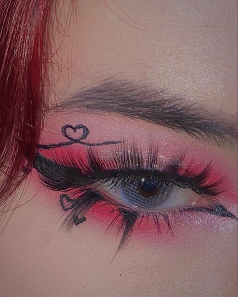 makeup, beauty, makeup inspi, eyeshadow, eueshadow inspo, red eheshadow inspo, egirl makeup inspo, graphic eyeliner, heart eyeliner, cute eyeliner inspo, red eyeshadow, pink eyeshdow, bottom lashes, top lashes, anime / manhua inspired lashes, red hair, pretty makeup inspo, blue grey contact lenses Egirl Makeup Red, Red And Black Makeup Looks, Red Heart Makeup, Egirl Eyeliner, Eyeliner Cute, Heart Eyeliner, Black Goth Makeup, Emo Makeup Tutorial, Cute Eyeliner