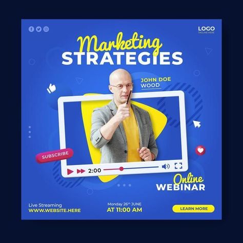 Download this Premium Vector about Marketing strategies webinar social media post template, and discover more than 28 Million Professional Graphic Resources on Freepik. #freepik #vector #webinar #speakerpost #onlinewebinar Webinar Social Media Post Design, Social Media Promotion Design, Webinar Social Media Post, Webinar Poster, Webinar Design, Free Social Media Templates, Graphic Design Portfolio Inspiration, Social Medi, Types Of Social Media