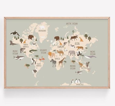 Fun learning Animal World Map Print makes a great addition to your babys nursery, child’s room, or make a great feature in a Playroom. You can choose from a range of different sizes. Please kindly note this listing is a Physical Print (and will be Shipped). Please note that physical prints do not Map Canvas Painting, Living Room Canvas Painting, World Map Printable, Map Nursery, Kids World Map, Bedroom Contemporary, Map Printable, The World Map, Abc Poster