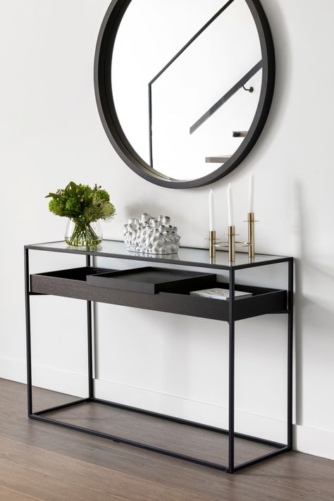 25 Best Console Tables for Small Entry or Hallways Console Table Under Tv, Black Console Table Decor, Calibre Furniture, Minimalist Entryway, Small Console Tables, Mirror Console Table, Small Console Table, Console Table Entryway, Statement Mirror