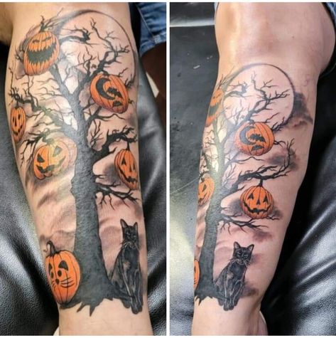 Halloween Tree Tattoo Ideas, Halloween Flower Tattoo Ideas, Halloween Tree Tattoo, Autumn Tattoo Sleeve, Pumpkin Patch Tattoo, Halloween Sleeve Tattoo For Women, Spooky Sleeve Tattoo, Fall Tattoos, Fall Leaves Tattoo