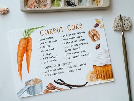 Watercolour Recipe Illustrations, Watercolor Recipe Book, Watercolor Recipe Cards, Watercolor Recipe Illustration, Carrot Cake Drawing, Watercolor Cookbook, Recipe Sketchbook, Cake Watercolor Painting, Recipe Card Design