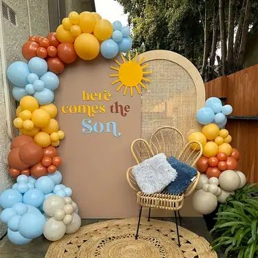 Temu Here Comes The Son, Boy Baby Shower Ideas, Balloon Chain, Yellow Balloons, Custom Balloons, Retro Blue, Bachelorette Party Decorations, Balloon Diy, Balloon Arch