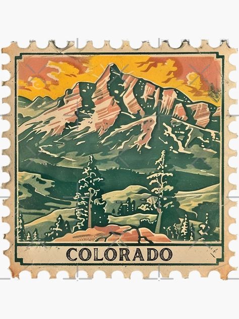 "Vintage Colorado Mountain Stamp Artwork" Sticker for Sale by tiigerdad | Redbubble Mountain Stamp, Postage Stamp Art, Vintage Postage Stamps, Colorado Mountain, Mountain Designs, Vintage Postage, Colorado Mountains, Vintage Landscape, Postage Stamp