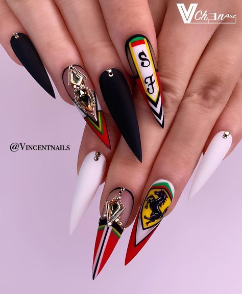 FERRARI LOVER...... Nails inspired 👉🏻 @ferrari ❤️❤️❤️ #vchenart #vchenart🎨 #nailsofinstagram #nails2inspire #stilletonails #coffinnails… Racing Nails, Red Stiletto Nails, Ombre Gel Nails, Long Red Nails, Nail Glam, Nails Art Designs, Ferrari Red, Manicure Colors, Stiletto Nail Art