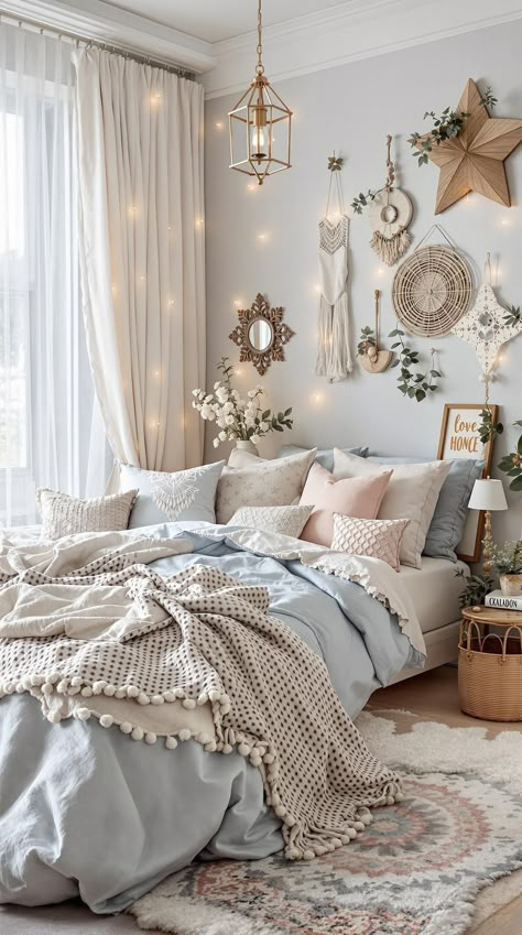 Blue Boho Girls Bedroom Matter Bedroom Inspiration, Blue White Boho Bedroom, Boho Chic Bedroom Blue, Pink And Blue Boho Bedroom, Beige And Light Blue Bedroom, Blue Bedrooms For Girls Ideas, Preteen Girls Bedroom Ideas Blue, Baby Blue Girls Bedroom, Aesthetic Bedroom Blue