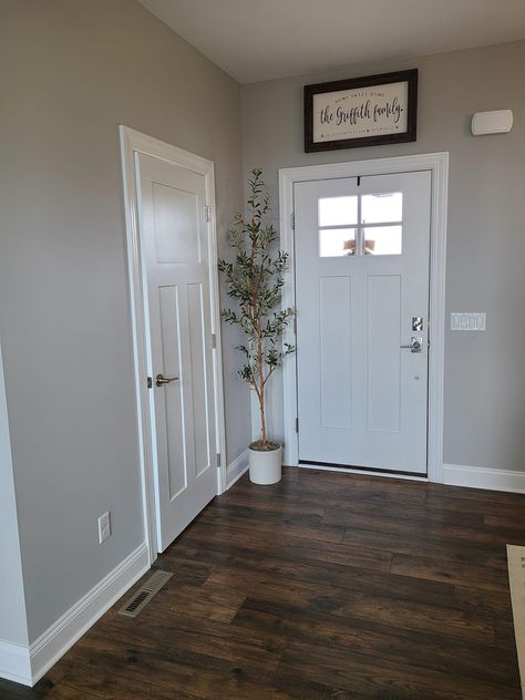 Grey Walls With Brown Floors, White Trim Gray Walls, Paint Colors For Wood Floors, Light Grey Walls With Dark Floors, Vinyl Flooring With Grey Walls, Hardwood Floor Living Room Ideas, Light Grey Walls Dark Floors, Wood Flooring With Grey Walls, Gray Walls Brown Floors