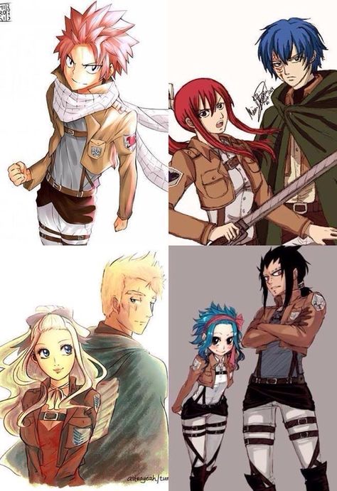 Attack on Titan and Fairy Tail crossover. OMG WHERE HAS THIS BEEN ALL MY LIFE!!!!!!!!!!! Fairy Tail, Attack On Titan, Crossover, Anime